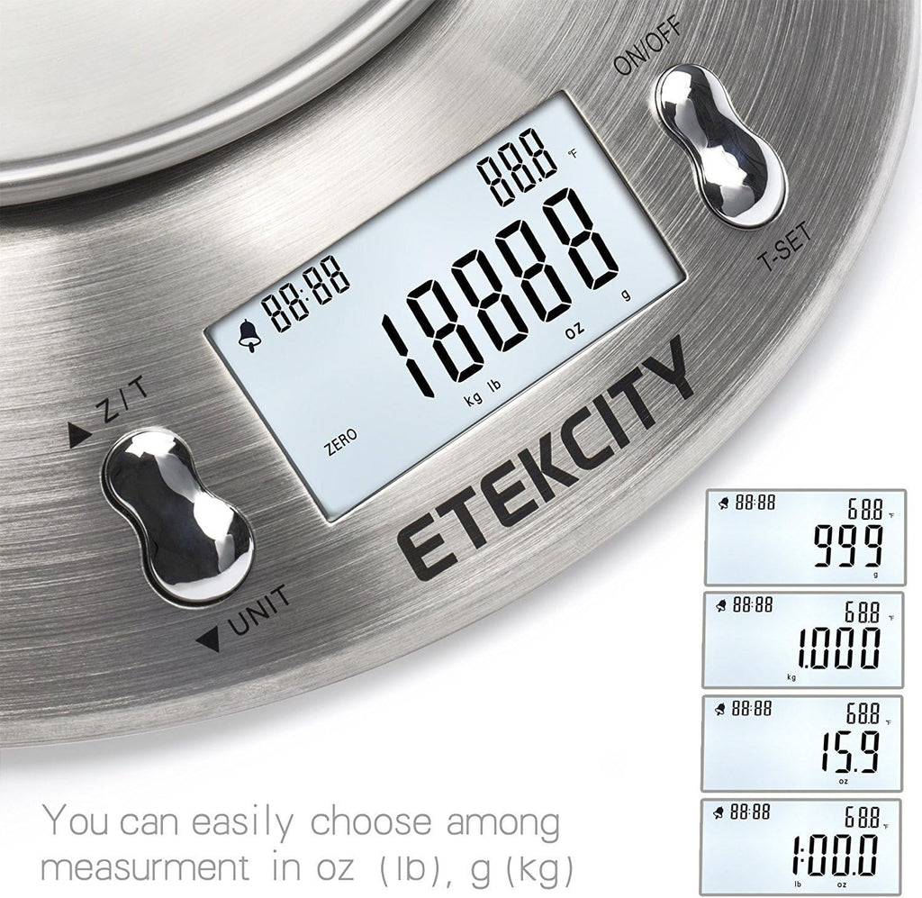 Etekcity Food Kitchen Scale with Bowl, Digital Weight Scale for Food Ounces and Grams, Cooking and Baking, Timer, and Temperature Sensor, 2.06 QT, Stainless Steel