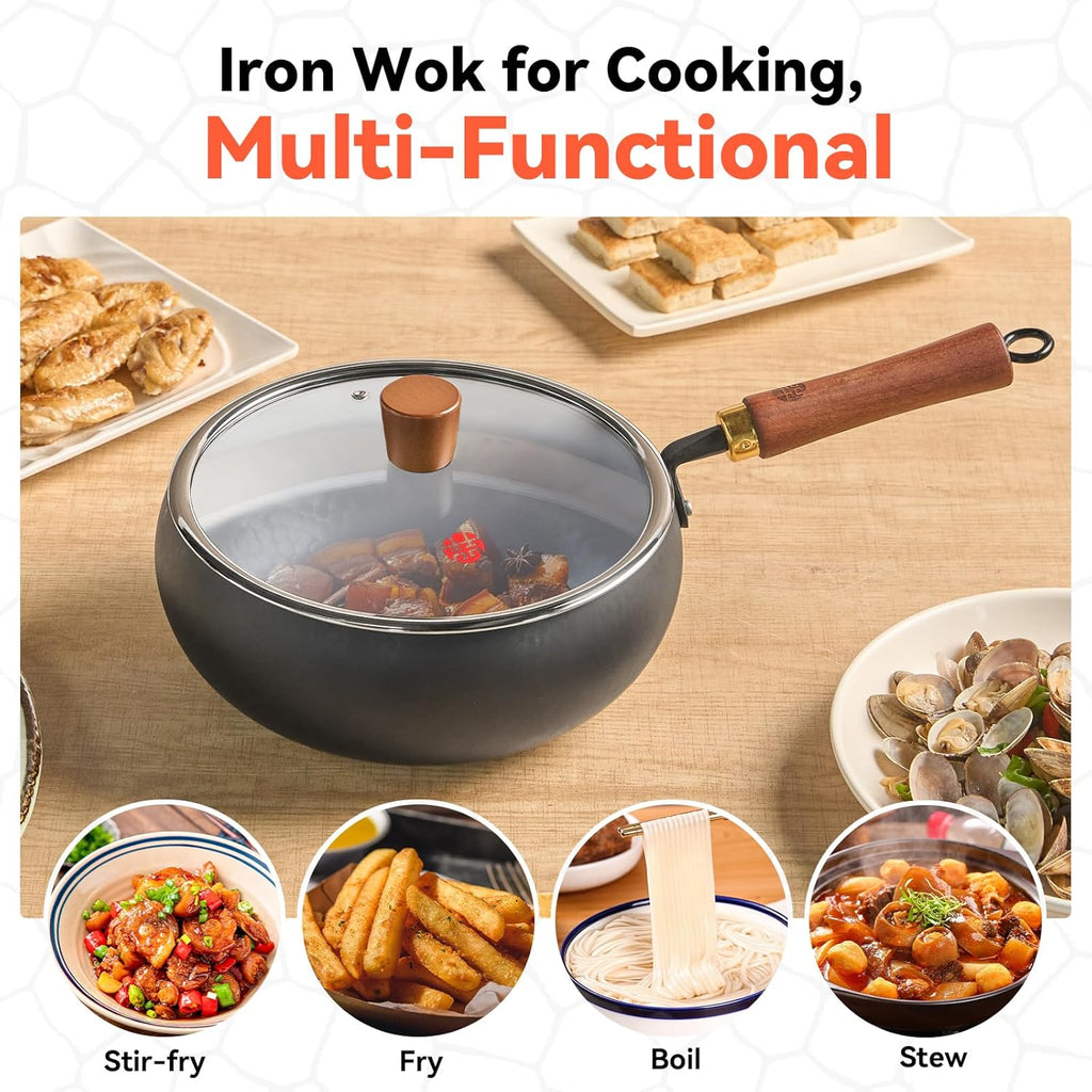 WANGYUANJI 9.5-Inch Wok Pan with Lid – Handmade Round Cooking Wok, Deep Frying Pan with Detachable Wooden Handle, No Chemical Coated Wok Flat Bottom for Induction & Gas Stoves