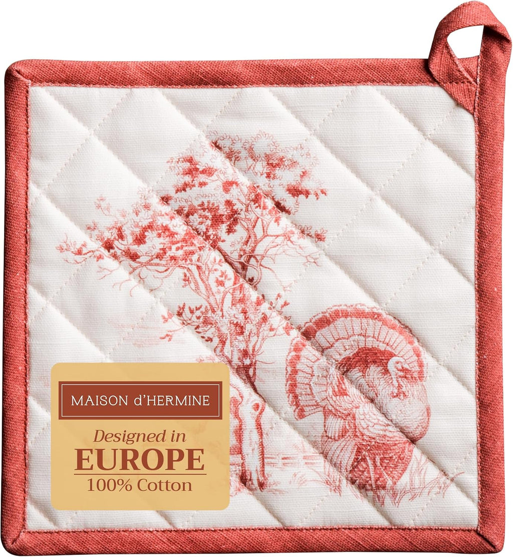 Maison d' Hermine Pot Holders 100% Cotton Heat Resistant Potholders 8" x 8" Hot Pads with Loop BBQ, Cooking, Baking, Grilling, Kitchen, Handling Hot Pans (Pack of 1, Holy Jouy - Red)
