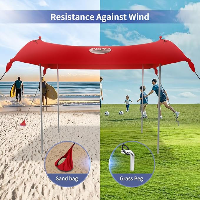 UMARDOO Family Beach Tent Canopy Sun Shade Portable, Large Compact Beach Sun Shelter Easy Setup with Packable Bag for Outdoor Travel (Red, 10X10 FT. 4Poles)