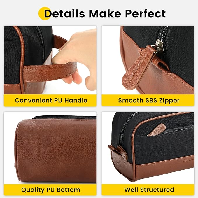 Vorspack Travel Toiletry Bag - Canvas Toiletry Bag for Men Water Resistant Skincare Bag Dopp Kit for Bathroom Toiletries Accessories Gifts - Black