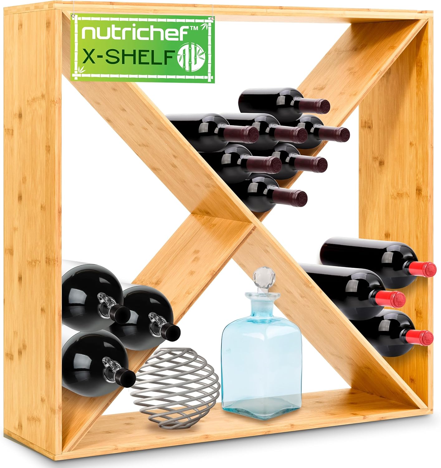 24 Bottle Bamboo Stackable Wine Rack - X Frame Cube Wobble-Free Modular Liquor Display Shelves | Can Hold up to 220.5 lbs (Natural)