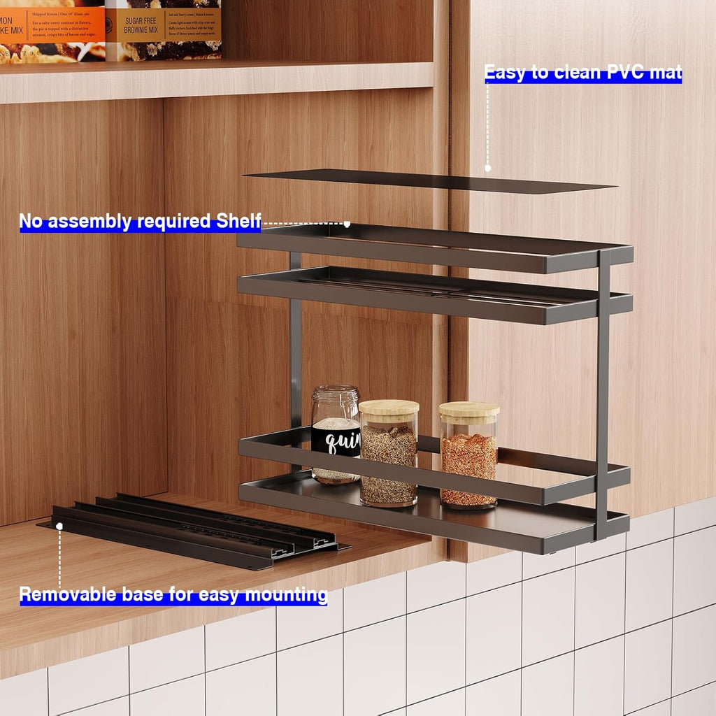 2 Pack Pull Out Spice Rack Organizer for Cabinet, 2 Tier Metal Slide Out Seasoning Organizer and Storage Heavy Duty Vertical Spice Rack Shelf Pullout for Kitchen Cabinets No Drilling (Black)