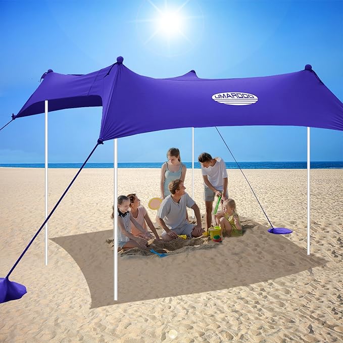 UMARDOO Family Beach Tent Canopy Sun Shade Portable 7×7FT, Large Wind Resistance Beach Sun Shelter Easy Setup with Packable Carry Bag for Outdoor Travel UPF 50+(Purple)