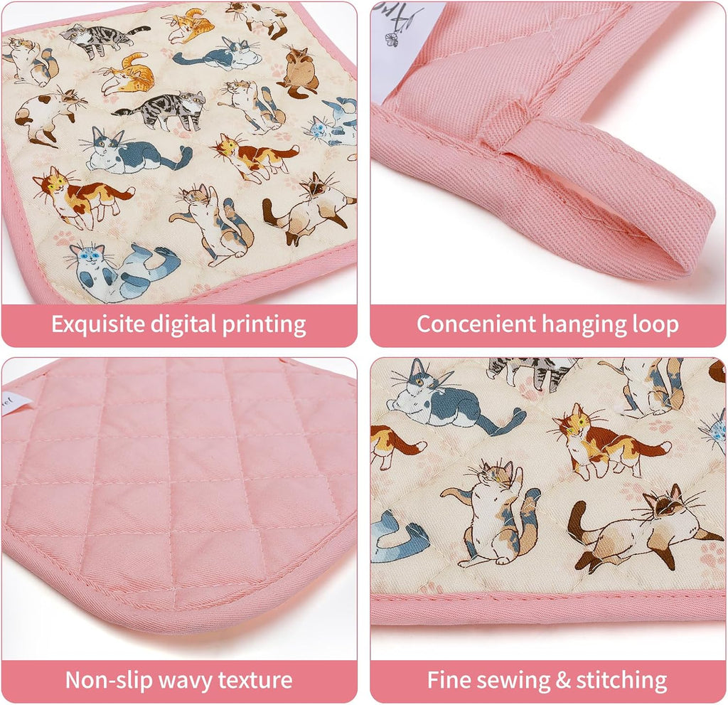 Cat Oven Mitts and Pot Holders Sets 4Pcs, 100% Cotton Heat Resistant, Extra Long Oven Gloves Potholder for Kitchen Cooking Baking Housewarming