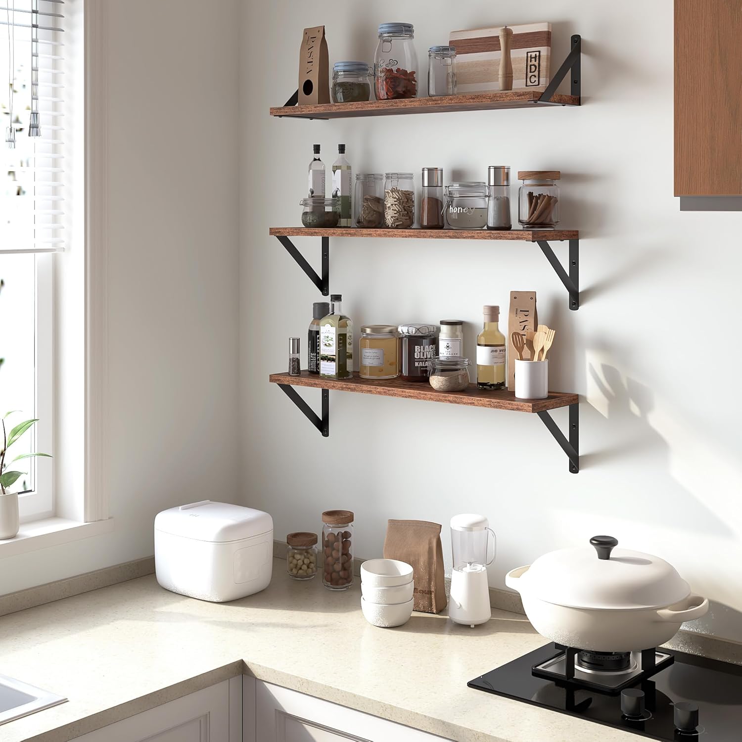 Heimlove Floating Shelves for Wall, 24 Inch Long Wood Floating Shelves Set of 3, Wall Mounted Hanging Shelf for Bathroom Bedroom Kitchen, Rustic Brown