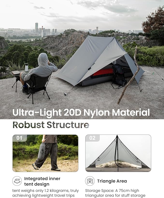 OneTigris HILLRIDGE Backpacking Tent, Waterproof Windproof 2 Person Tent, 20D SIL-Coated Nylon, Single Layer, Ultralight 3 Season Tent for Camping Hiking Canoeing Travel