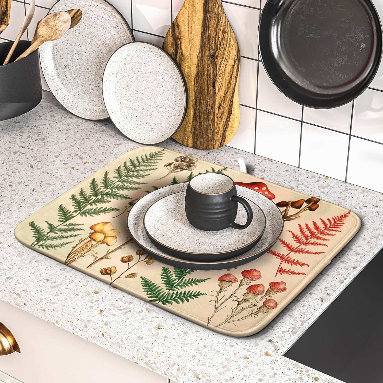Ferns Leaves Dish Drying Mats Woodland Forest Mushrooms Reversible Drainer Mats 16 X 18 Inch