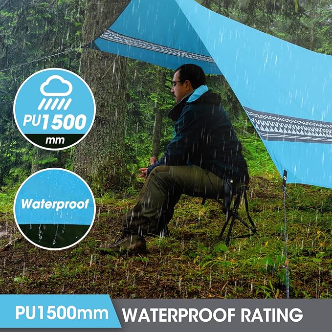 VILLEY Waterproof Hammock Tent Rain Fly, Octagonal Camping Tarp, Sun Shelter for Camping, Backpacking, Hiking, Accessory Includes Stakes, Ropes and Carry Bag (Blue)