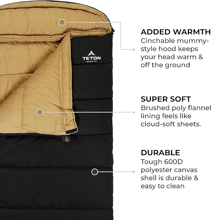 TETON Sports Deer Hunter -35F and 0F Degree Sleeping Bag. Warm and Comfortable Camping Sleeping Bags, Teton Tough Canvas Shell for Camping, Hunting, and Cold Weather