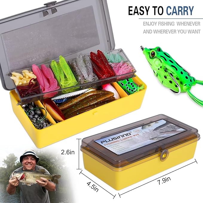 PLUSINNO Fishing Lures Baits Tackle Including Crankbaits, Spinnerbaits, Plastic Worms, Jigs, Topwater Lures, Tackle Box and More Fishing Gear Lures Kit Set, 102/302Pcs Fishing Lure Tackle