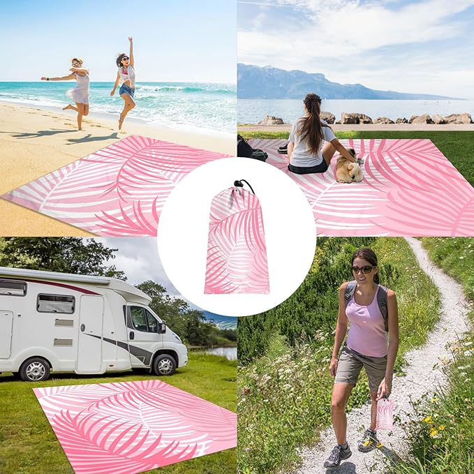 110''×118'' Pink Beach Blanket 2-8 Adults, Large Waterproof Sandproof Beach Mat w/ Stakes & Pockets, Polyester Compact Foldable Sand Free Camping Picnic Blanket for Outdoor, Grass, Park - Palm Leaves