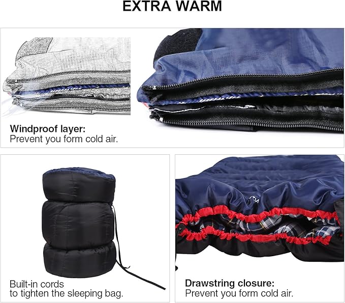 REDCAMP Cotton Flannel Sleeping Bag for Camping Backpacking, Adults Cold Weather Envelope Sleeping Bags with 2/3/4lbs Filling