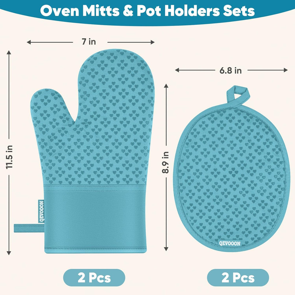 Oven Mitts and Pot Holders 4 Sets, Heat Resistant 500 ℉ Oven Mitt and Pot Holder,Oven Glove&Potholders with Non-Slip Silicone Surface,Kitchen Essentials for Cooking/Baking/BBQ-Lake Blue