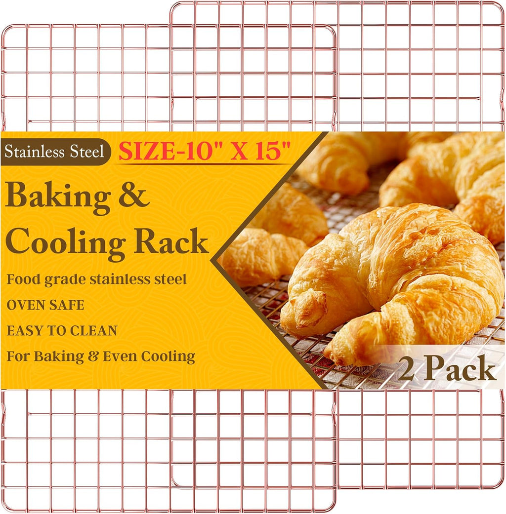 2-Pack Cooling Racks for Cooking and Baking - 10" x 15"Heavy Duty Stainless Steel Wire Rack for Baking, Grilling, Roasting - Oven & Dishwasher Safe - Fits Jelly Roll Sheet Pan（Rose Gold）