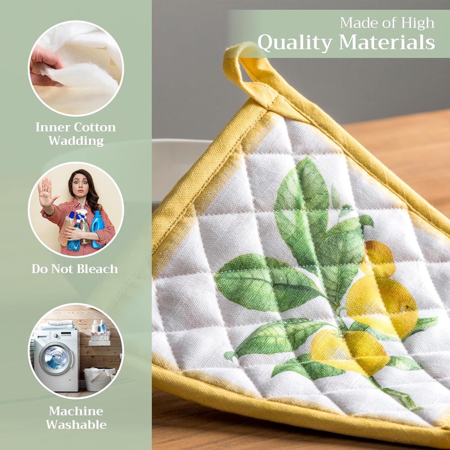 Maison d' Hermine Pot Holders 100% Cotton Heat Resistant Potholders 8" x 8" Hot Pads with Loop BBQ, Cooking, Baking, Grilling, Kitchen, Handling Hot Pans Spring/Summer (Pack of 1, Limoncello)