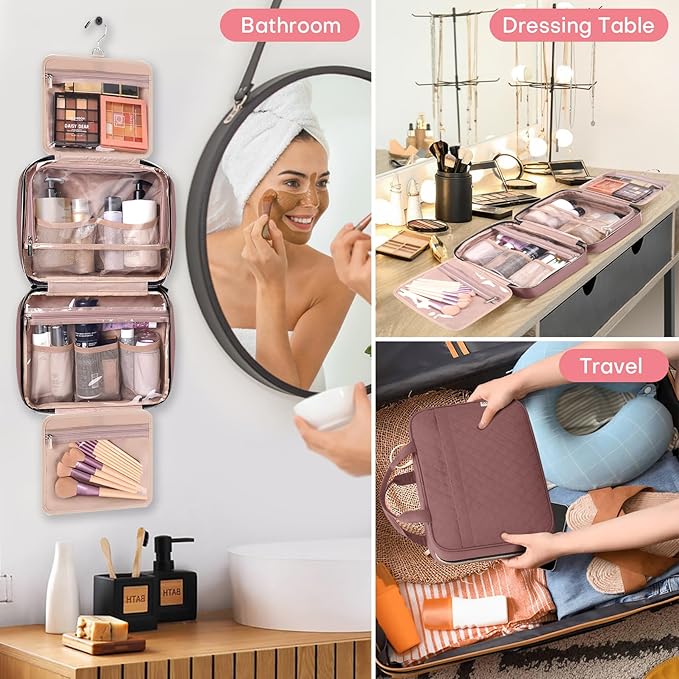 Travel Size Toiletry Bag for Women, Portable Cosmetic Bag with Hanging Hook, Travel Essentials Water-resistant Makeup Organizer for Accessories, Shampoo, Full-size Container, Toiletries