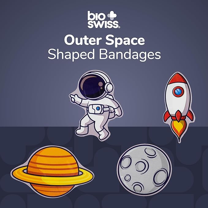 BioSwiss Bandages, Outer Space Shaped Self Adhesive Bandage, Latex Free Sterile Wound Care, Fun First Aid Kit Supplies for Kids and Adults, 24 Count