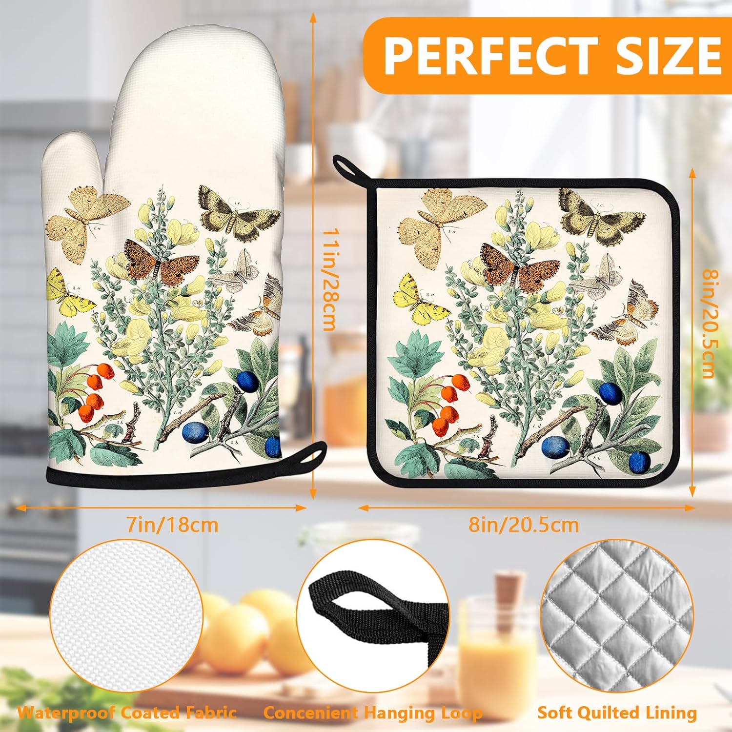 Wildflowers Butterfly Oven Mitts and Pot Holders Sets 4Pcs,Extra Long Oven Gloves Potholder for Kitchen Cooking Baking BBQ 100% Cotton Heat Resistant