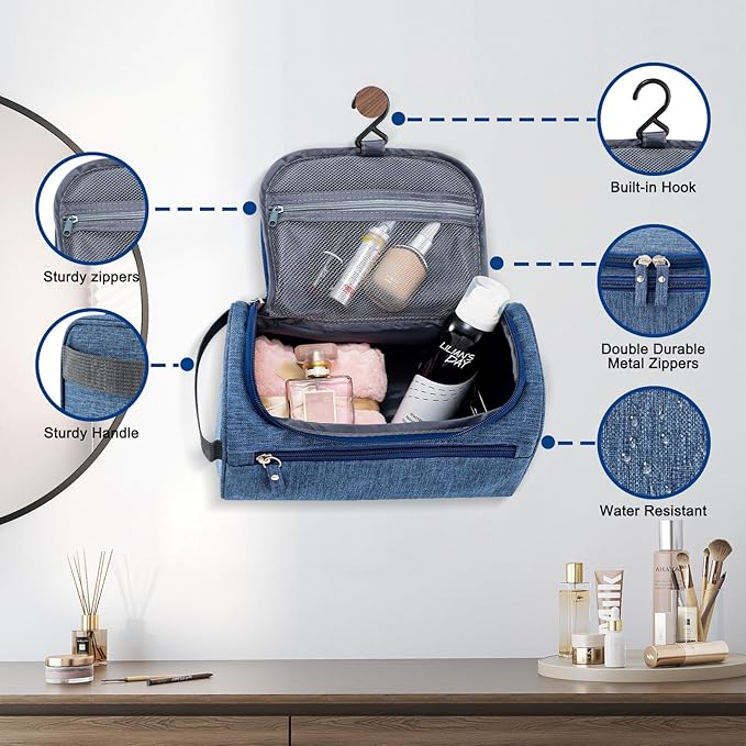 Hanging Toiletry Bag for Women and Men Traveling Makeup Large Capacity Cosmetics Portable Dopp Kit Storage Organizer Bag with Hanging Hook for Toiletries Brushes (Frosted Navy)