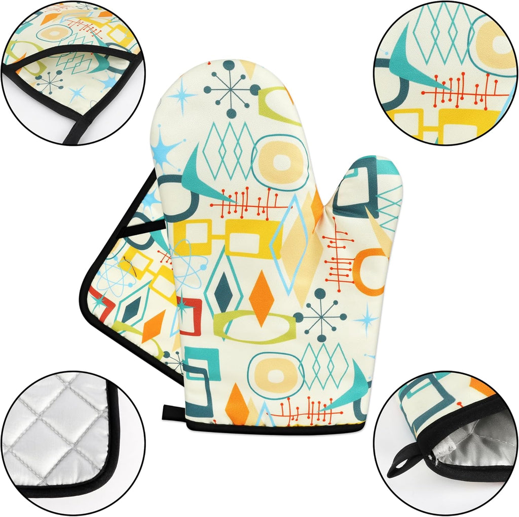 Mid Century Modern Oven Mitts and Pot Holders Sets Washable Oven Gloves Heat Resistant 4 Pcs Decorative Kitchen Hot Pads and Mitts for Baking Cooking Grilling