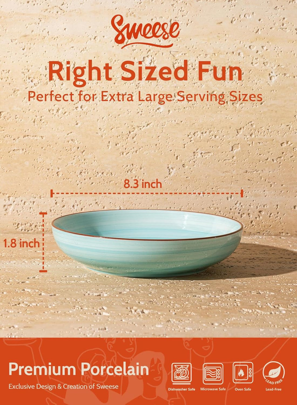 Sweese Pasta Bowls Set of 6, 30 Ounce Ceramic Salad Plates for Dishwasher & Microwave Safe - Solid Salad Bowls, Soup Bowls - Deep Plates Lipped Edges, Oven Safe Porcelain Plates Serving Bowls