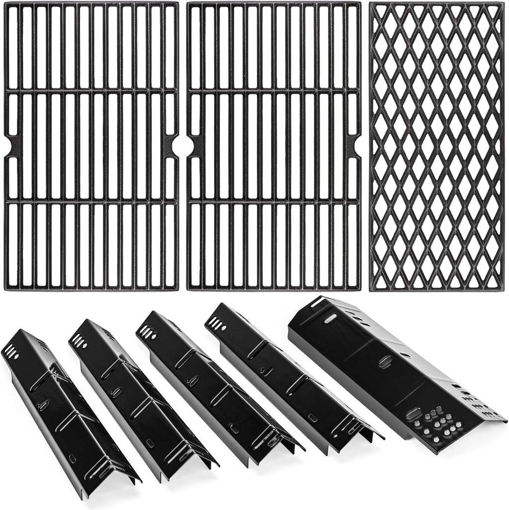 Uniflasy Grill Replacement Parts for Dyna-Glo DGH474CRP,DGH485CRP,Grill Part Kit for Dyna-Glo 3/4/5 Burner Grill,5-Pack Porcelain Steel Grill Heat Plates, 3-Pack Cast Iron Cooking Grates
