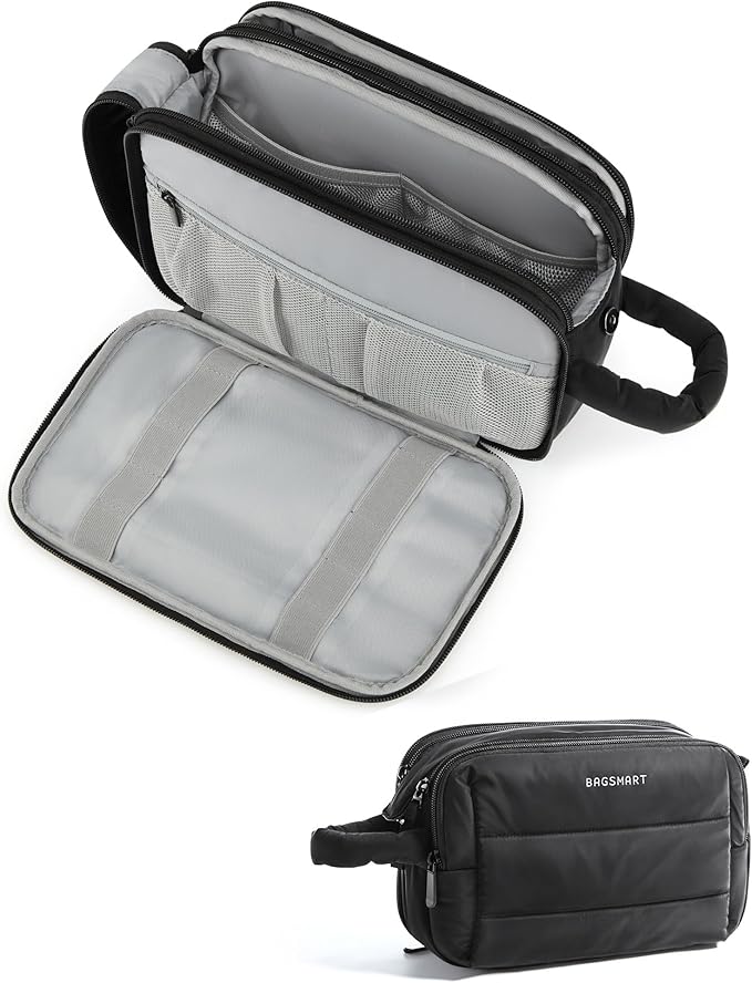 BAGSMART Travel Toiletry Bag for Women, Puffy Cosmetic Makeup Bag Organizer, Large Wide-open Travel Organizer for Toiletries, Dopp Kit Water-resistant Makeup Case for Accessories-Black
