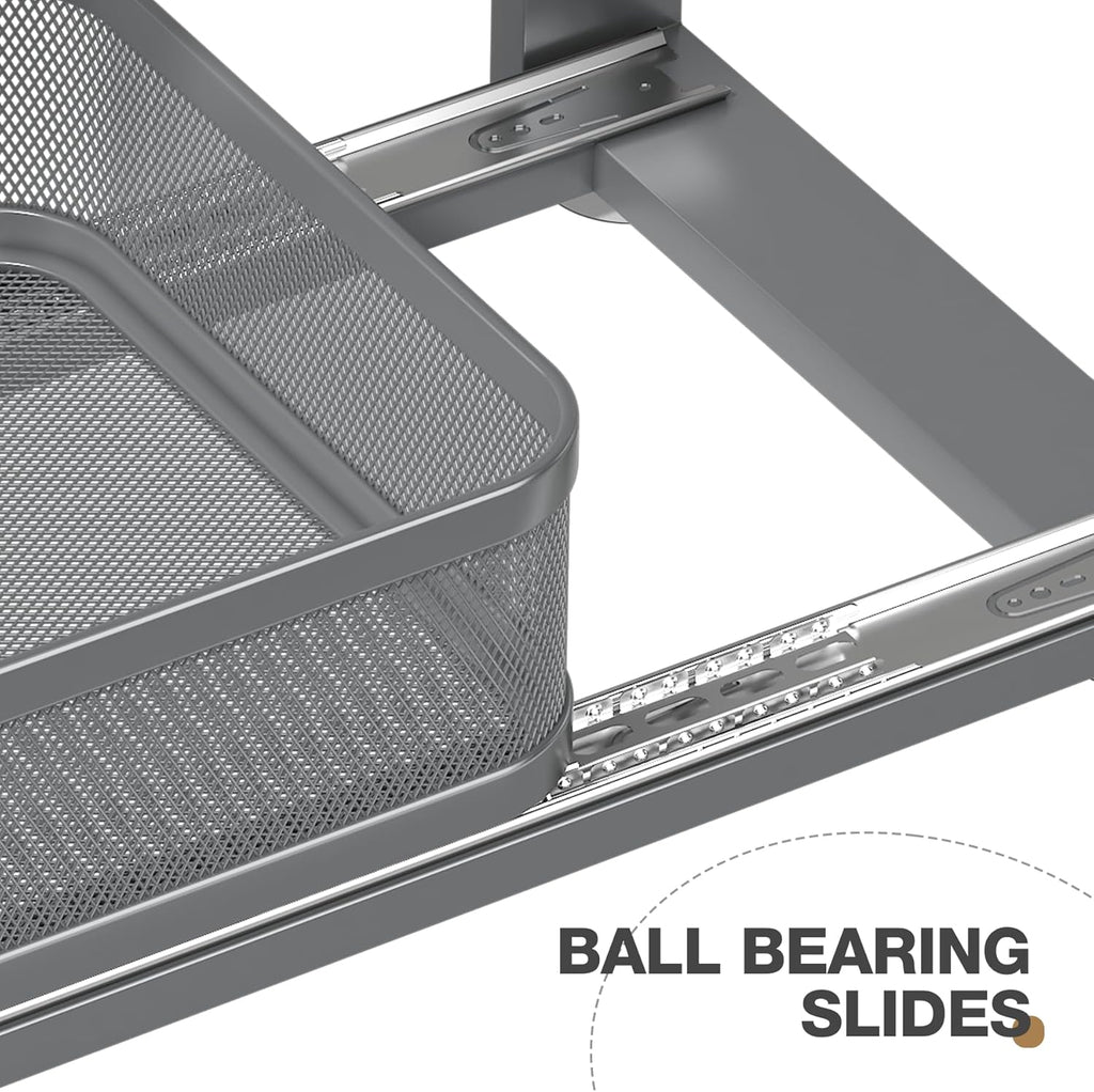 2 Pack 21IN-Depth Under Sink Organizer With Next-Gen Ball-Bearing Slides,2-Tier Precision Mesh Pull Out Cabinet Storage for Bathroom&Kitchen,Height Adjustable Drawers Shelf,Anti-rust-Grey