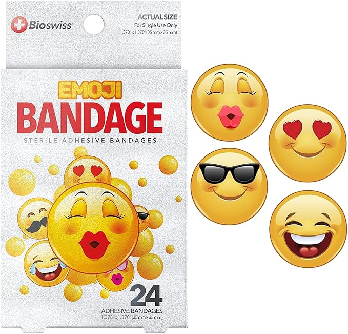 BioSwiss Bandages, Emoji Shaped Self Adhesive Bandage, Latex Free Sterile Wound Care, Fun First Aid Kit Supplies for Kids, 24 Count