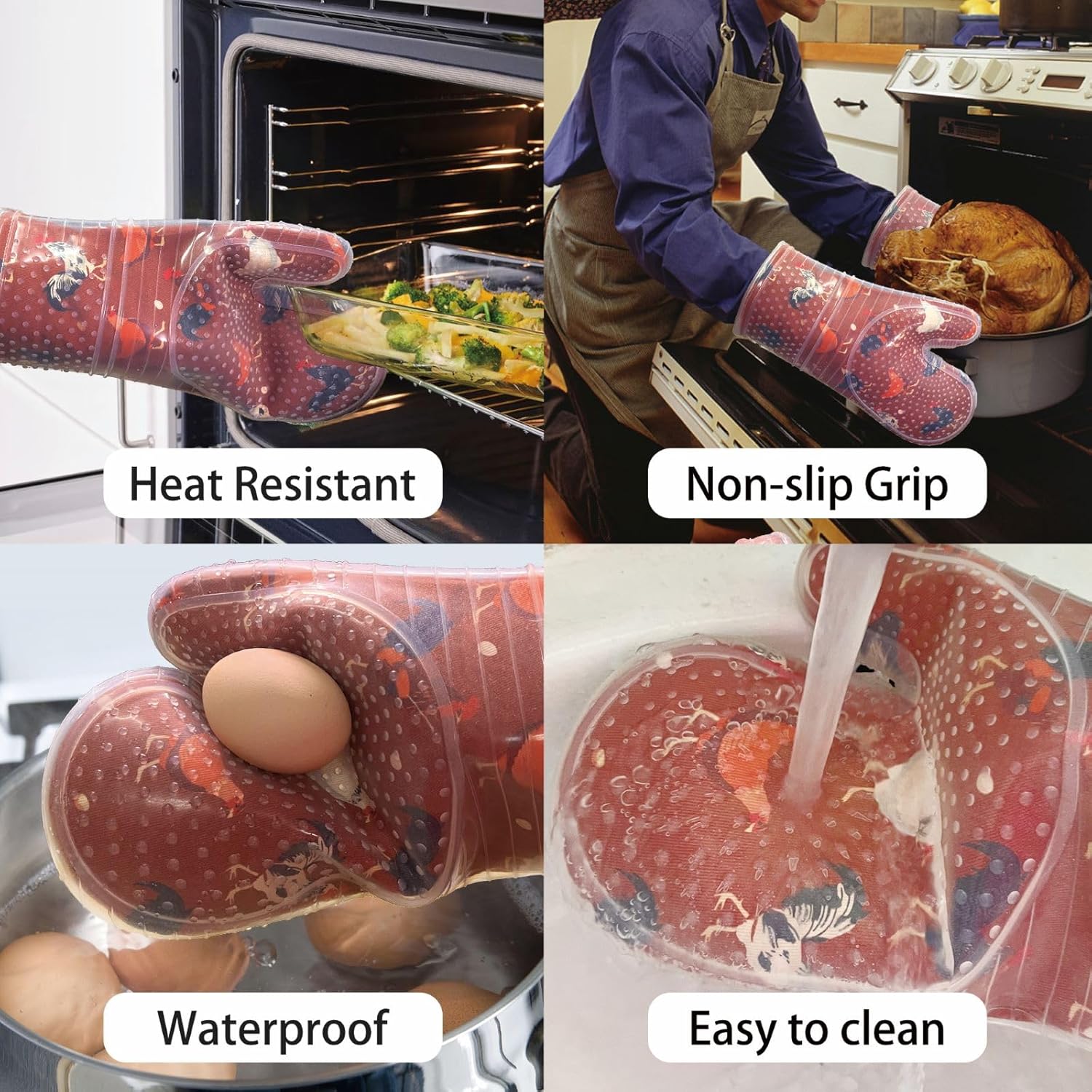 RED LMLDETA Oven Mitts Set of 2 with Transparent Clear Silicone Shell and Nice Shell Flower Cotton Lining, Heat Resistant to 500 F Kitchen Oven Gloves Pot Holder for Cooking (Rooster, Oven Mitts)