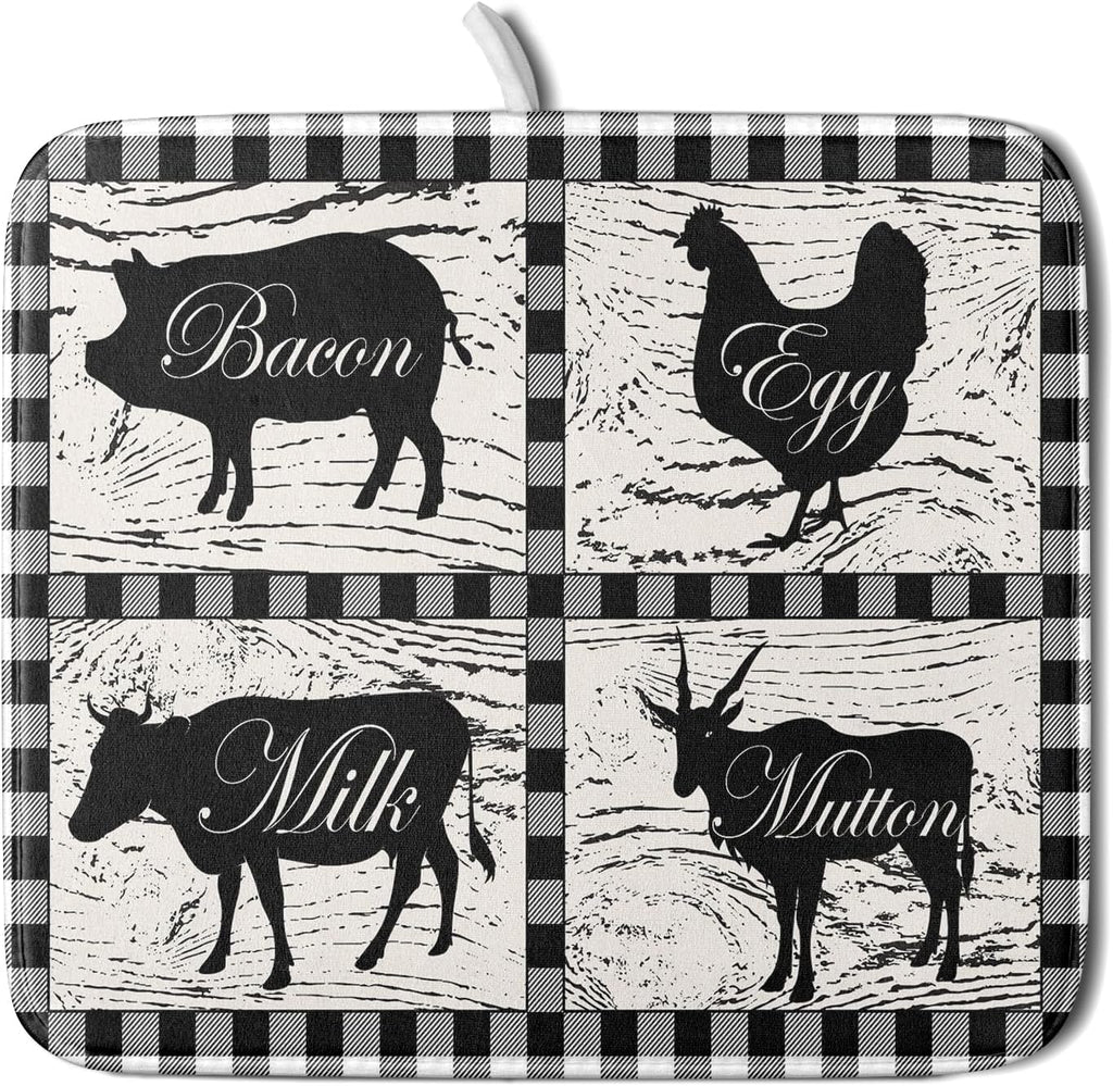 Farmhouse Animal Dish Drying Mat Buffalo Plaid Drainer Rack Mats Fast Dry Absorbent Kitchen Countertop Protector Dishes Pad 16x18 Inch