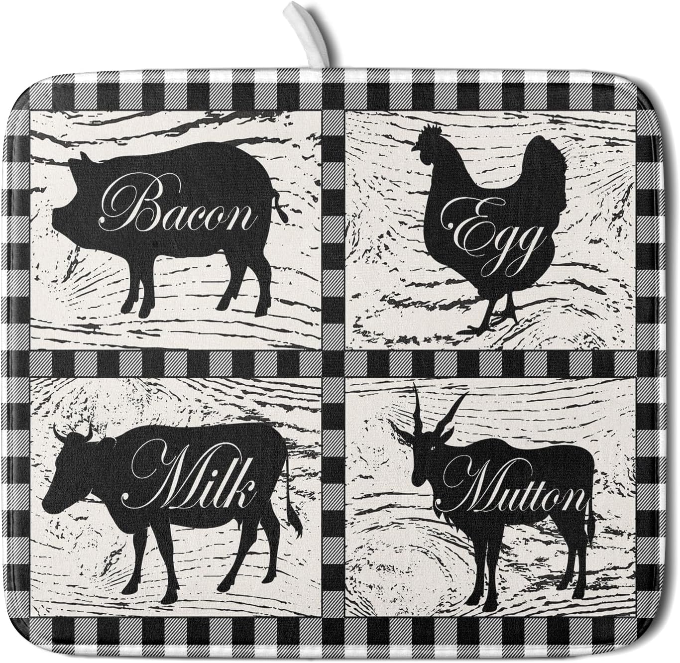Farmhouse Animal Dish Drying Mat Buffalo Plaid Drainer Rack Mats Fast Dry Absorbent Kitchen Countertop Protector Dishes Pad 16x18 Inch
