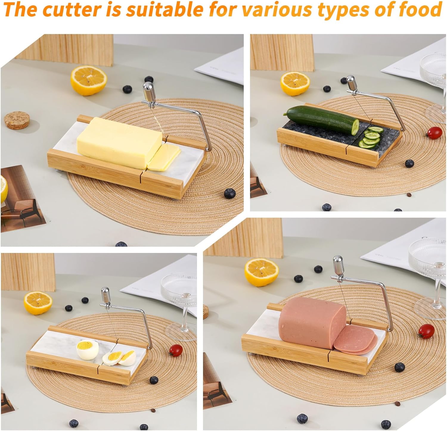 Tianman Cheese Slicer Cheese Cutter with 4 Replacement Cutting Wire,Heavy Duty 8.27"x 4.4",Marble Board Cheese Slicer for Block Cheeses, Butter,Cakes and More(White Grey)