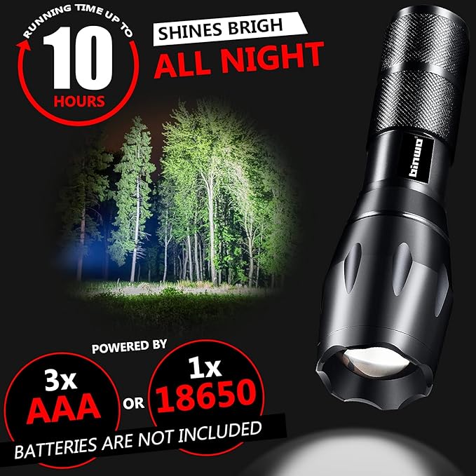 BINWO 2pack Small Zoomable Water-Resistant Tactical LED Flashlights 3000 Lumens -with 5 Modes for Camping/Biking/Hiking/Outdoor/Home/Emergency