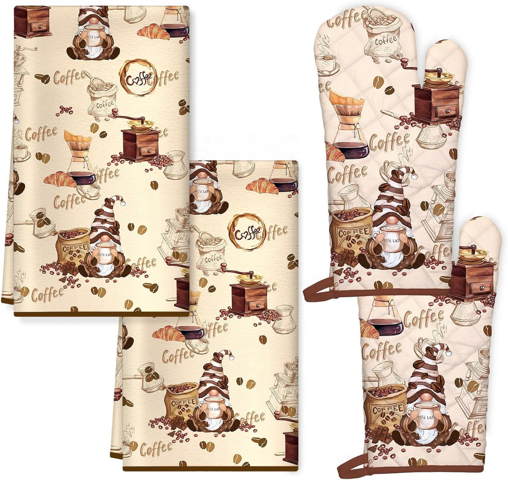 Vintage Coffee Kitchen Towels and Oven Mitts Set 4Pcs, Soft Absorbent Dish Cloth Heat Resistant Oven Gloves for Cooking Baking Kitchen Decoration, Gifts for Her