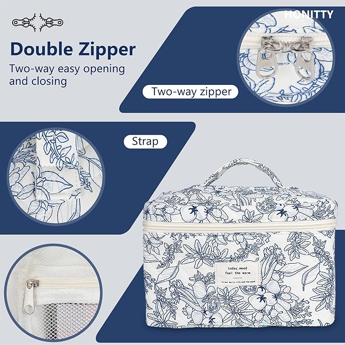 Makeup Bag,Quilted Cosmetic Bags,Large Floral Make Up Organize bag,Makeup Bag Set for Women,Flower Travel Toiletry Bag