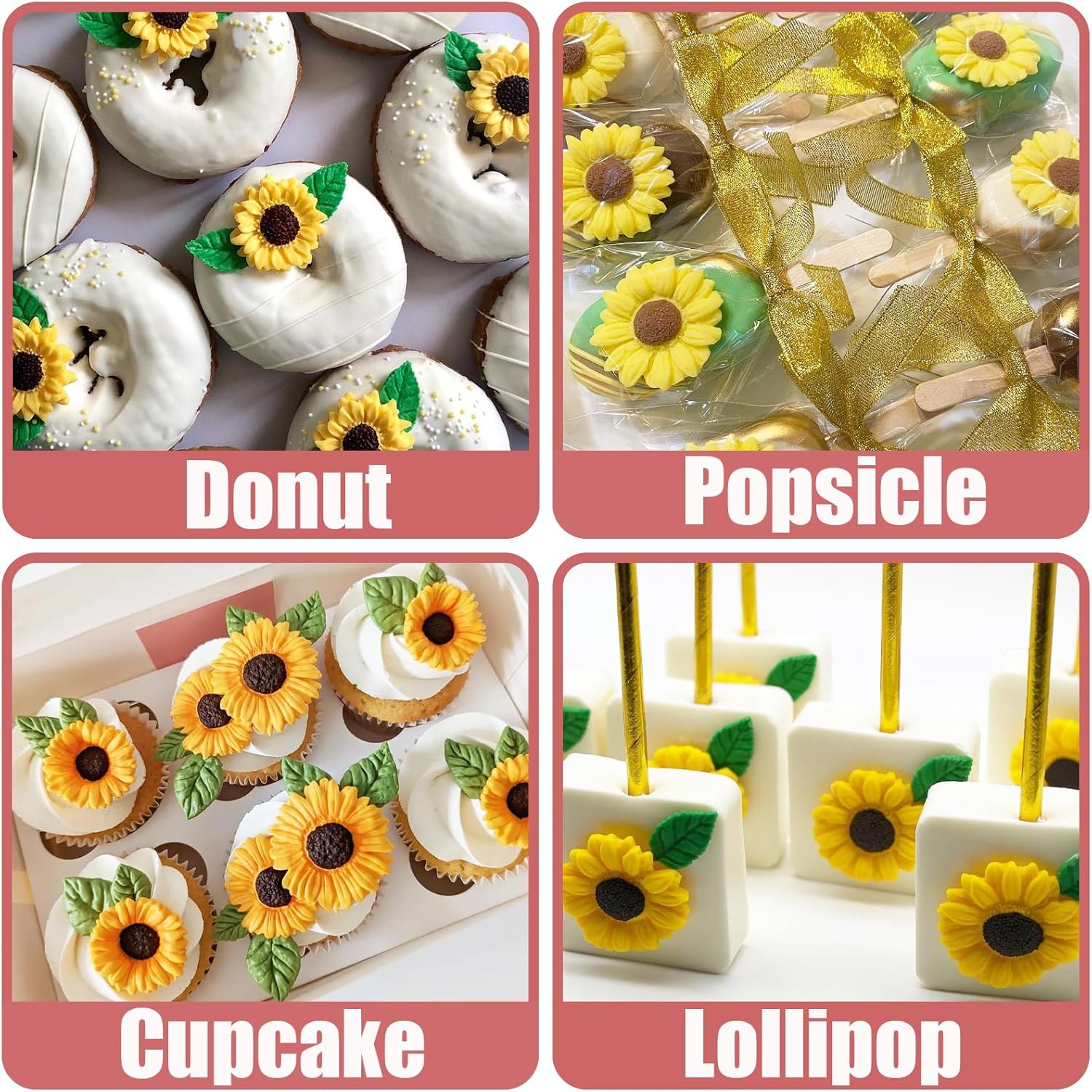 Sunflower Mold Silicone 4 Pcs, Daisy Flower Molds Chrysanthemum Flower Leaves Mold for Decoration Candy Sugar Cupcake Topper Cake Pop Popsicle Polymer Clay Crafts