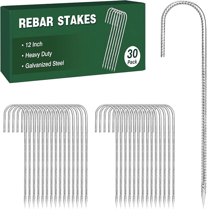 CEWOR 30 Pack 12 Inch Rebar Stakes, J Hook Galvanized Ground Stakes Heavy Duty Chain Link Fence Stakes Metal Ground Anchors for Tent Camping, Trampoline, Outdoor Garden Decorations