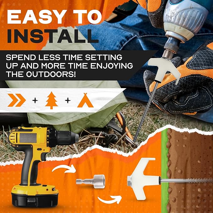 15-Pack 8" Heavy Duty Screw in Tent Stakes, Drill-In Ground Anchor Pegs, Includes Hex Head Driver & Storage Bag