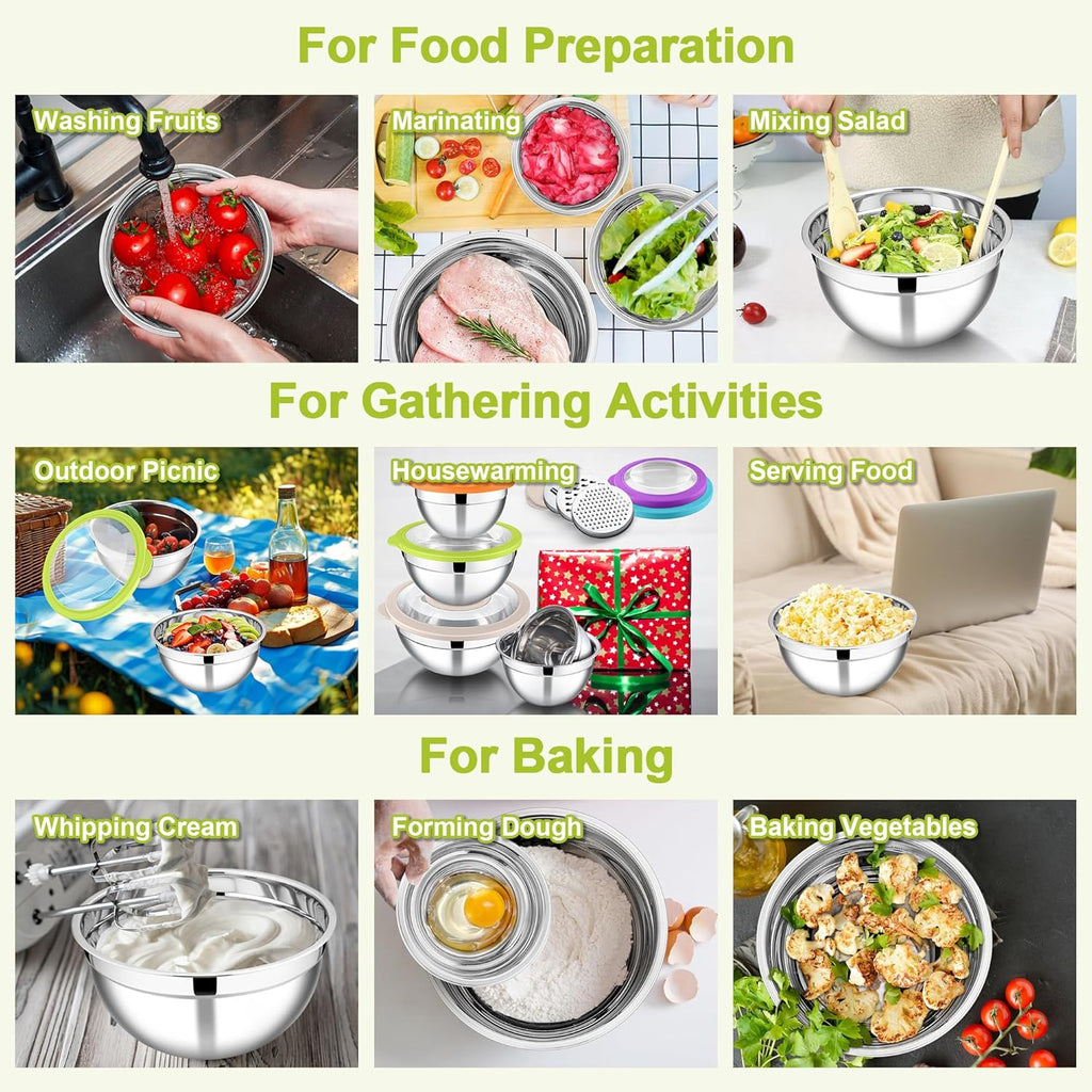 E-far Mixing Bowls with Lids Set of 5, Stainless Steel Salad Mixing Bowl with Transparent Lid, Metal Nesting Storage with 3 Graters for Kitchen Prepping/Serving/Baking, 4.6/2.6/1.5/1/0.7 QT - Colorful