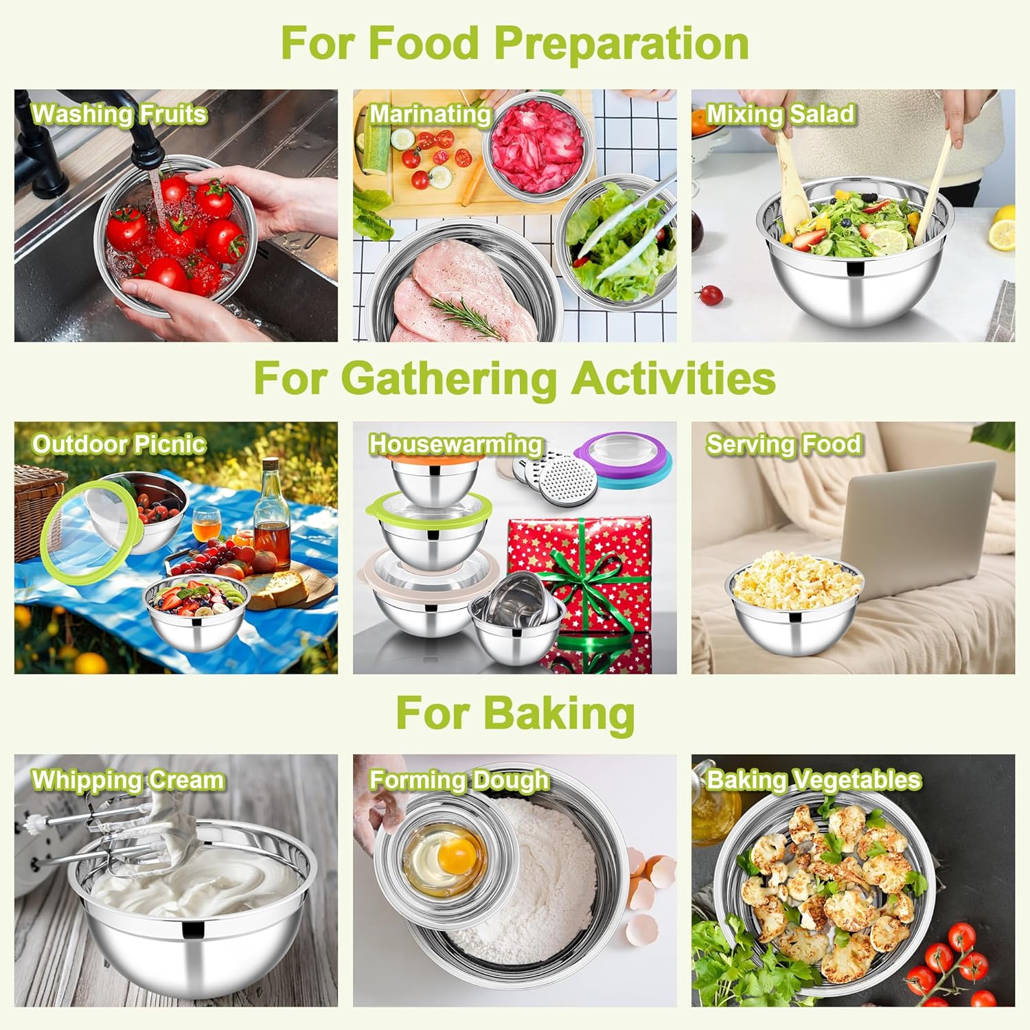 E-far Mixing Bowls with Lids Set of 5, Stainless Steel Salad Mixing Bowl with Transparent Lid, Metal Nesting Storage with 3 Graters for Kitchen Prepping/Serving/Baking, 4.6/2.6/1.5/1/0.7 QT - Colorful