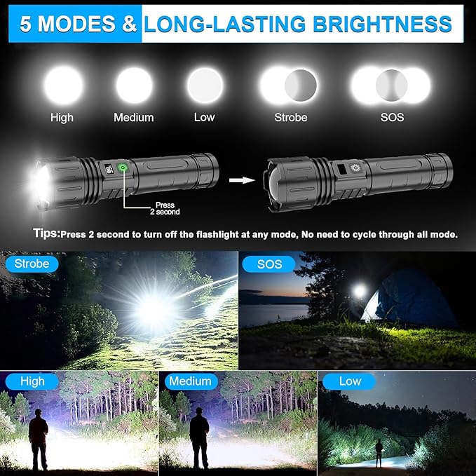 Rechargeable LED Flashlights High Lumens,100000 Lumens & 1500 Meters Super Bright Rechargeable Tactical Flashlight with 5 Modes,Waterproof,Powerful Handheld Flash Light for Camping