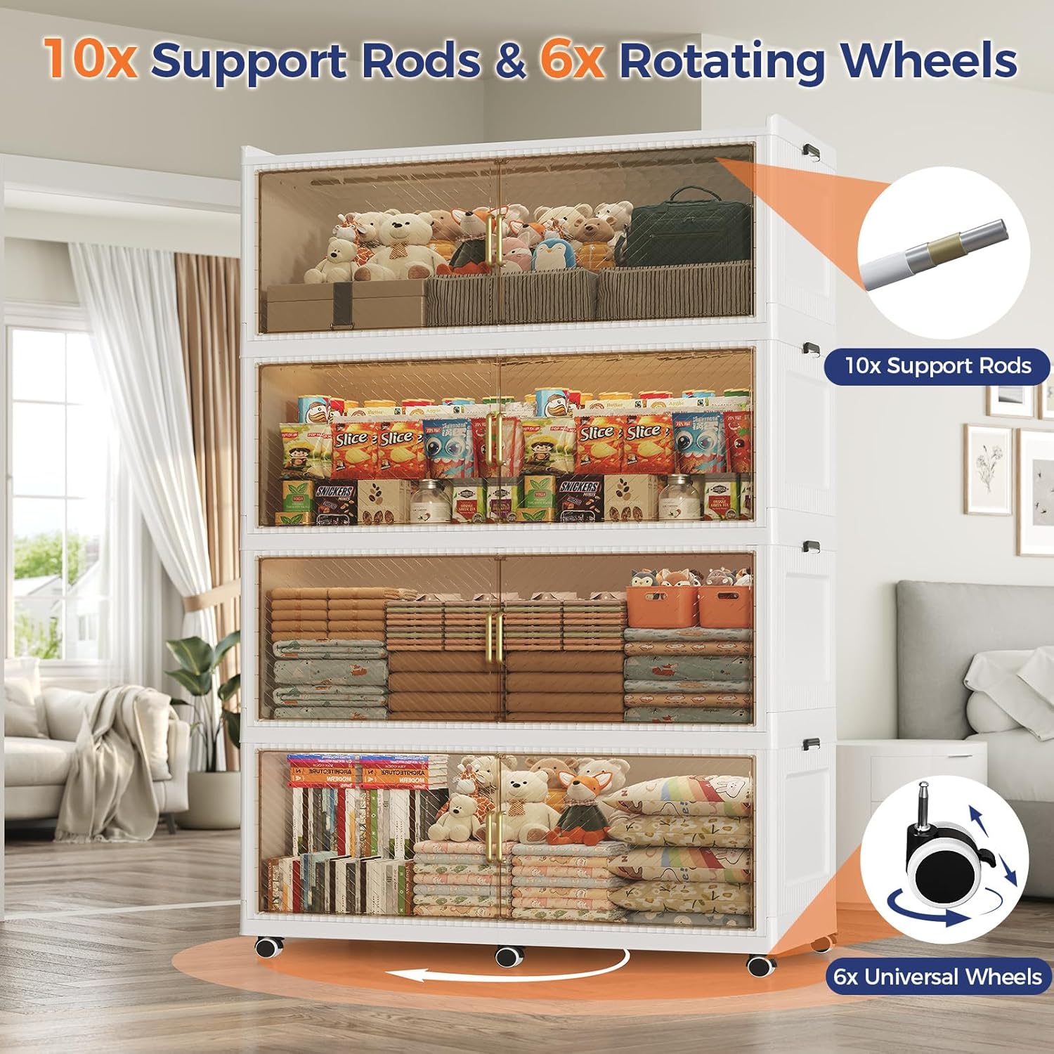 320 Gallon Extra Large Collapsible Storage Bin with Lid, 1280QT Stackable Plastic Organizer with 6x Wheels, Foldable Drawer Cabinet for Closet, Living Room Office Dorm 4Pack, White