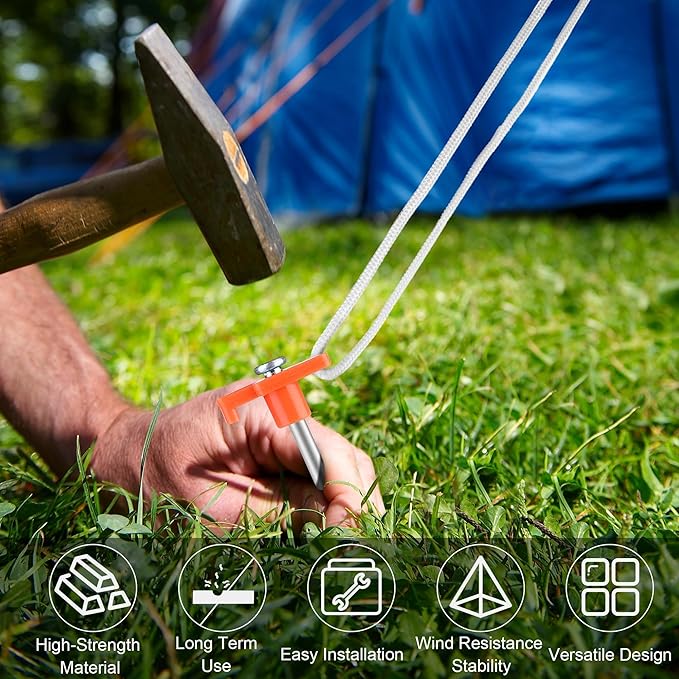 Aodaer 12 Pack Tent Stakes Heavy Duty Tent Pegs 10.25 Inch Non-Rust Metal Yard Stakes with 4x10ft Ropes and Storage Bag Inflatable Stakes for Gardening & Canopies, Camping Halloween Christmas, Orange