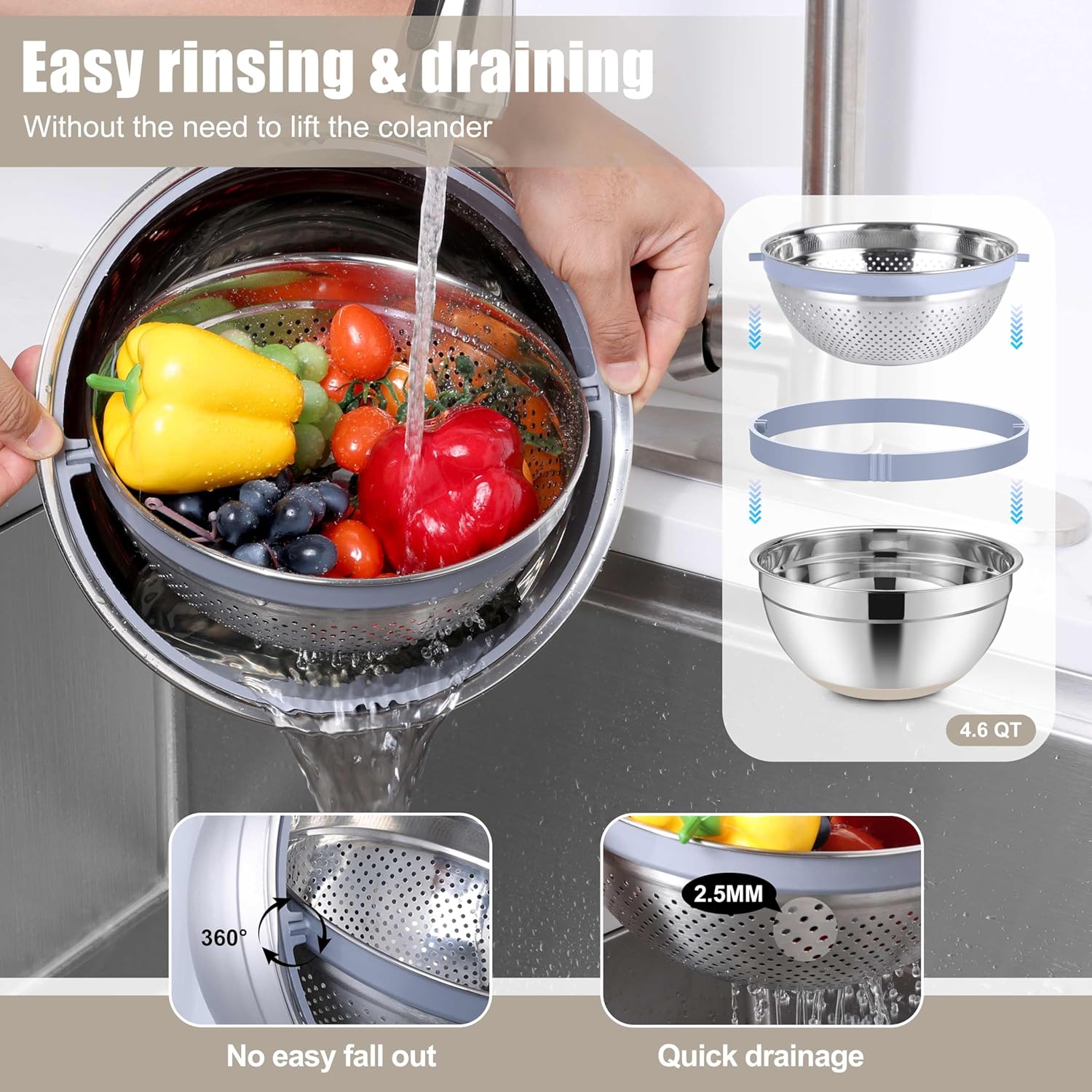 E-far Mixing Bowls with Lids Set, 15PCS Stainless Steel Mixing Nesting Bowl with Colander & 3 Metal Grater for Kitchen Prep/Baking/Storage, Non-Slip Bottom & Airtight Lid, 4.6, 3, 1.5, 1, 0.7QT, Khaki