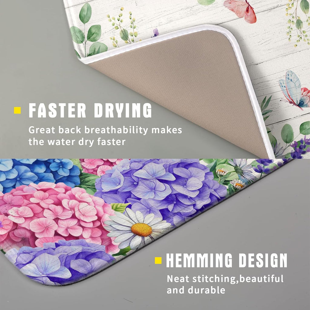 Hydrangea Floral Dish Drying Mat 16x18 inch Spring Summer Decorative Fast Dry Dishes Draining Mats Absorbent Microfiber Drainer Rack Pad