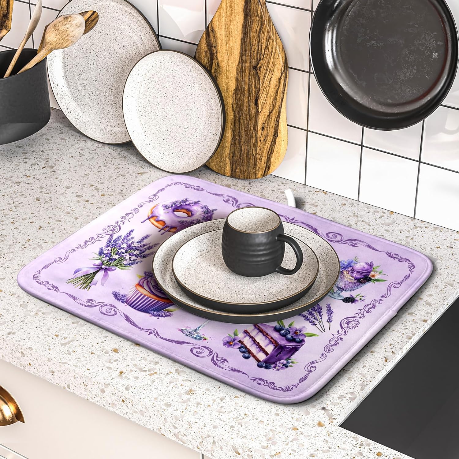 Purple Dish Drying Mats for Kitchen Counter Washable Drying Pad Absorbent Coffee Mat - Delicious Afternoon Tea