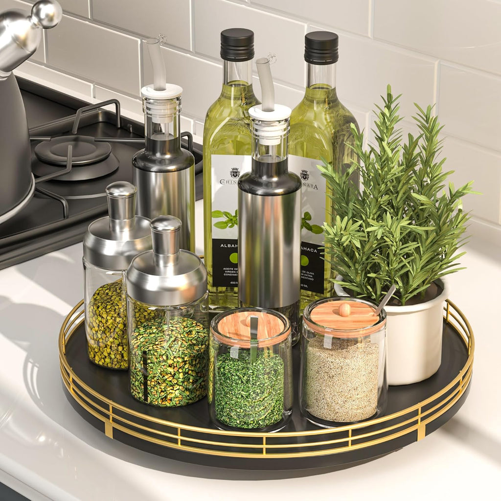 12" Oak Wood Lazy Susan Organizer, Lazy Susan for Cabinet Dining Table Pantry Wood Turntable Organizer Tray for Coffee Table Kitchen Countertop Spinning Spice Can Organization and Storage Round Gold