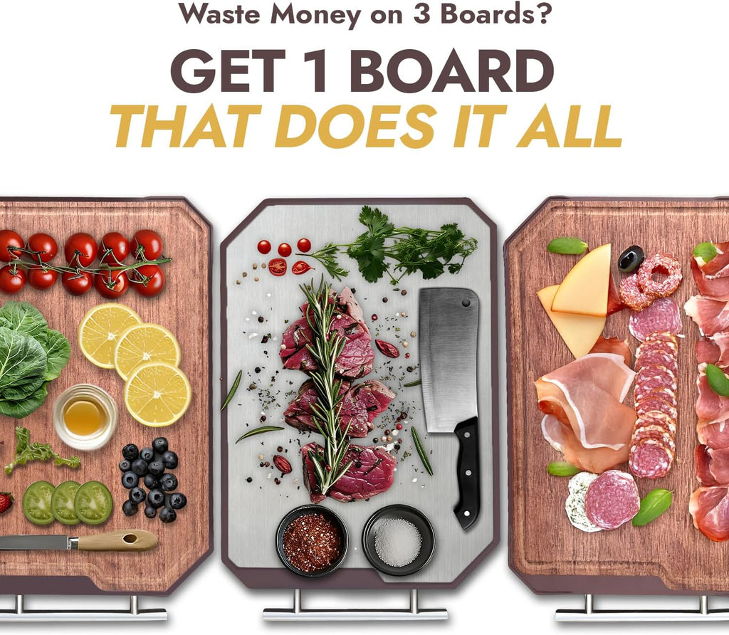 2-in-1 Wooden Cutting Board – 17.7"x11.8", Ebony & Stainless Steel – Double-Sided | Juice Groove | Handle for Hanging | Meat, Cheese, Veggies | BPA-Free & Dishwasher Safe